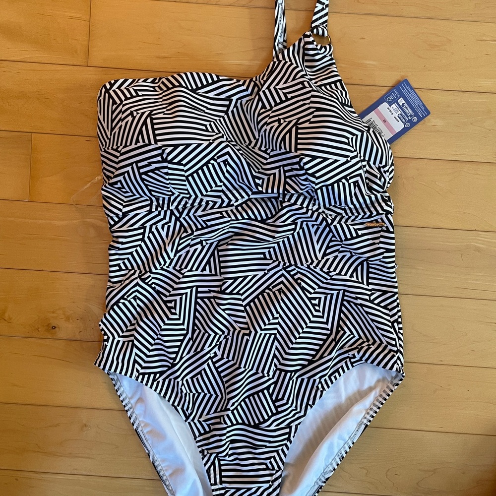 Speedo women’s shaping printed asymmetric one piece bathing suit